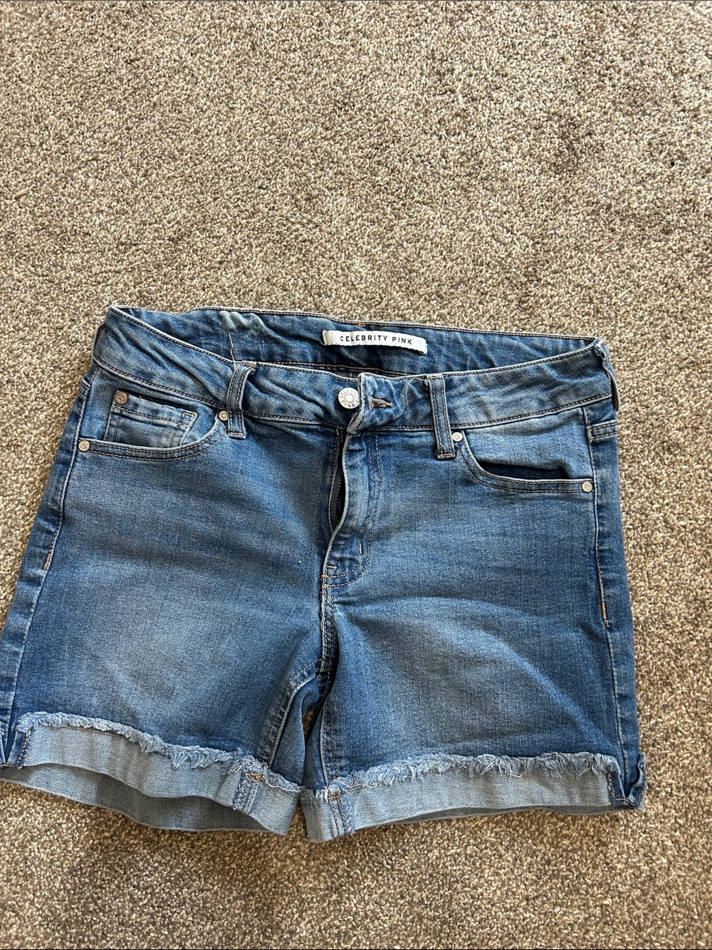 Celebrity Pink Medium Blue Denim Frayed Hem Shorts